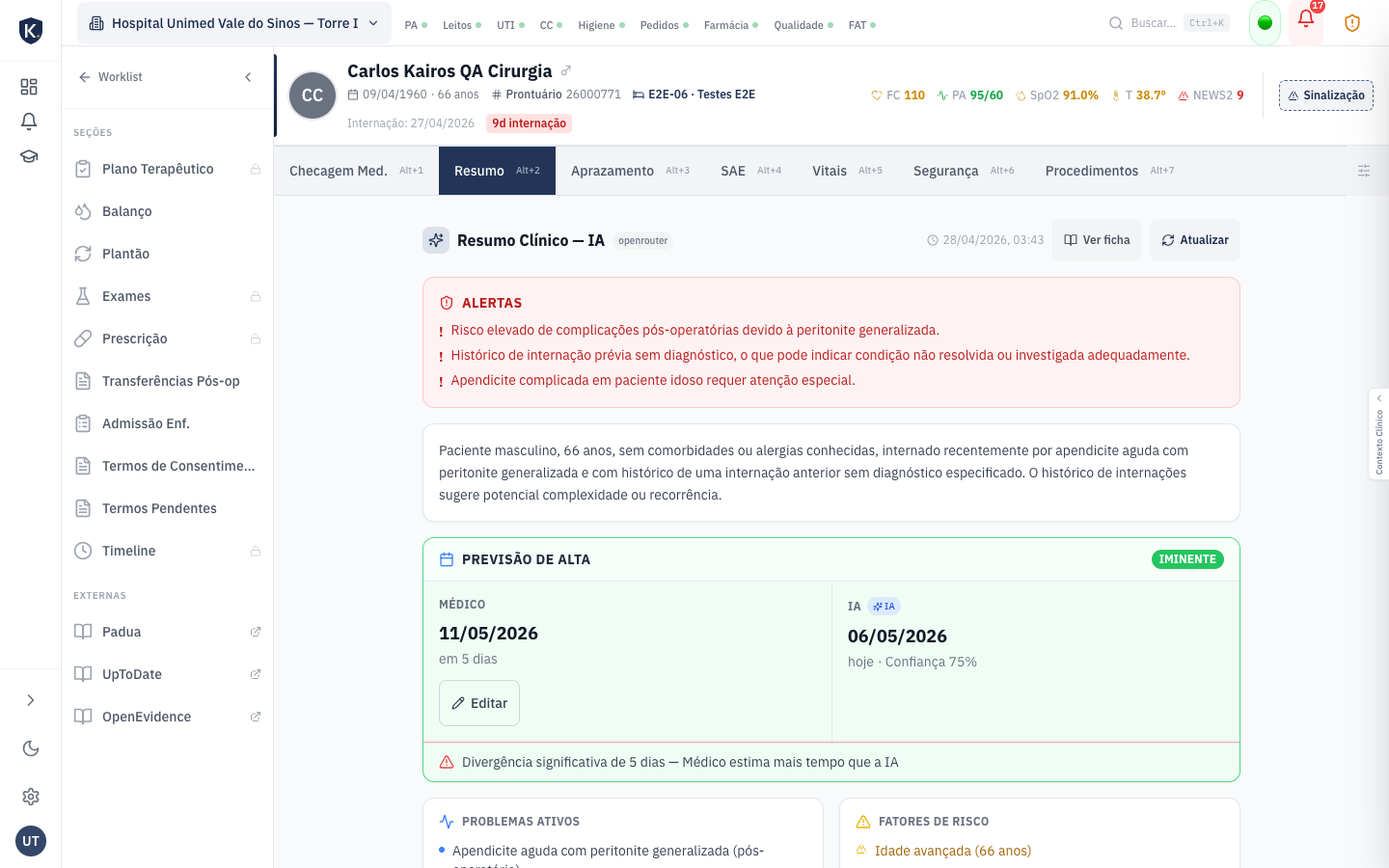 Cockpit Kedos · resumo clínico IA